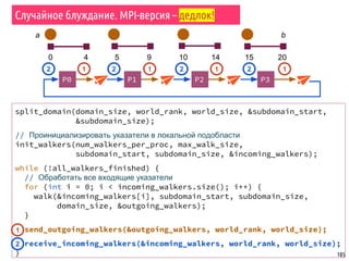 2
105
Случайное блуждание. MPI-версия – дедлок!
split_domain(domain_size, world_rank, world_size, &subdomain_start,
&subdomain_size);
// Проинициализировать указатели в локальной подобласти
init_walkers(num_walkers_per_proc, max_walk_size,
subdomain_start, subdomain_size, &incoming_walkers);
while (!all_walkers_finished) {
// Обработать все входящие указатели
for (int i = 0; i < incoming_walkers.size(); i++) {
walk(&incoming_walkers[i], subdomain_start, subdomain_size,
domain_size, &outgoing_walkers);
}
send_outgoing_walkers(&outgoing_walkers, world_rank, world_size);
receive_incoming_walkers(&incoming_walkers, world_rank, world_size);
}
b
0 4 5 9 10 14 15 20
P0 P1 P2 P3
a
1 1 1 1
1
2 22
2
 