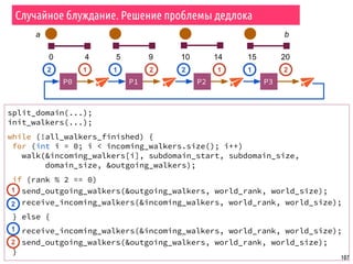 2
107
Случайное блуждание. Решение проблемы дедлока
b
0 4 5 9 10 14 15 20
P0 P1 P2 P3
a
12 1
split_domain(...);
init_walkers(...);
while (!all_walkers_finished) {
for (int i = 0; i < incoming_walkers.size(); i++)
walk(&incoming_walkers[i], subdomain_start, subdomain_size,
domain_size, &outgoing_walkers);
if (rank % 2 == 0)
send_outgoing_walkers(&outgoing_walkers, world_rank, world_size);
receive_incoming_walkers(&incoming_walkers, world_rank, world_size);
} else {
receive_incoming_walkers(&incoming_walkers, world_rank, world_size);
send_outgoing_walkers(&outgoing_walkers, world_rank, world_size);
}
1
1
2
2
212 1
 