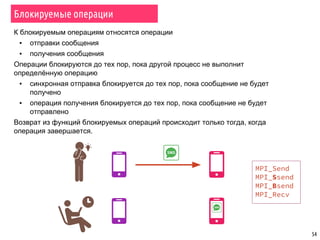 54
К блокируемым операциям относятся операции
▪ отправки сообщения
▪ получения сообщения
Операции блокируются до тех пор, пока другой процесс не выполнит
определённую операцию
▪ синхронная отправка блокируется до тех пор, пока сообщение не будет
получено
▪ операция получения блокируется до тех пор, пока сообщение не будет
отправлено
Возврат из функций блокируемых операций происходит только тогда, когда
операция завершается.
Блокируемые операции
MPI_Send
MPI_Ssend
MPI_Bsend
MPI_Recv
 