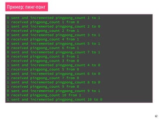 62
Пример: пинг-понг
0 sent and incremented pingpong_count 1 to 1
1 received pingpong_count 1 from 0
1 sent and incremented pingpong_count 2 to 0
0 received pingpong_count 2 from 1
0 sent and incremented pingpong_count 3 to 1
0 received pingpong_count 4 from 1
0 sent and incremented pingpong_count 5 to 1
0 received pingpong_count 6 from 1
0 sent and incremented pingpong_count 7 to 1
0 received pingpong_count 8 from 1
1 received pingpong_count 3 from 0
1 sent and incremented pingpong_count 4 to 0
1 received pingpong_count 5 from 0
1 sent and incremented pingpong_count 6 to 0
1 received pingpong_count 7 from 0
1 sent and incremented pingpong_count 8 to 0
1 received pingpong_count 9 from 0
0 sent and incremented pingpong_count 9 to 1
0 received pingpong_count 10 from 1
1 sent and incremented pingpong_count 10 to 0
 