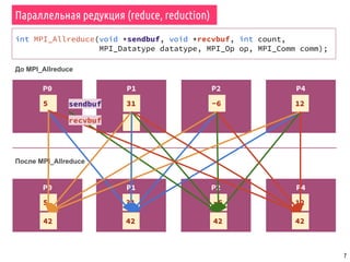 7
int MPI_Allreduce(void *sendbuf, void *recvbuf, int count,
MPI_Datatype datatype, MPI_Op op, MPI_Comm comm);
P1P0
5 31
P2
-6
P4
12
До MPI_Allreduce
P0 P1 P2 P4
31
После MPI_Allreduce
42
5 -6 12
42 42 42
sendbuf
recvbuf
Параллельная редукция (reduce, reduction)
 