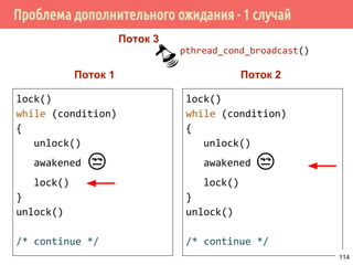 Условные переменные (Condition variables)
T1 T2 T3
wait wait wait
T4
signal
T1 ⚫
Held 0
Sleepers ⚫ T2 ⚫ T3 ⚫
114
 