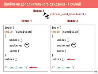 Условные переменные (Condition variables)
T1 T2 T3
wait wait wait
T4
signal
Held 0
Sleepers ⚫
118
 