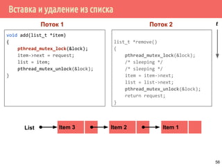 Вставка и удаление из списка
void add(list_t *item)
{
pthread_mutex_lock(&lock);
item->next = request;
list = item;
pthread_mutex_unlock(&lock);
}
list_t *remove()
{
pthread_mutex_lock(&lock);
/* sleeping */
/* sleeping */
item = item->next;
list = list->next;
pthread_mutex_unlock(&lock);
return request;
}
Item 2 Item 1Item 3List
Поток 1 Поток 2 t
56
 