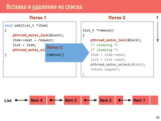 Вставка и удаление из списка
void add(list_t *item)
{
pthread_mutex_lock(&lock);
item->next = request;
list = item;
pthread_mutex_unlock(&lock);
}
list_t *remove()
{
pthread_mutex_lock(&lock);
/* sleeping */
/* sleeping */
item = item->next;
list = list->next;
pthread_mutex_unlock(&lock);
return request;
}
Item 2 Item 1Item 3List
Поток 1 Поток 2 t
Item 4
Поток 3:
remove()
60
 