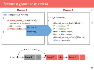 Вставка и удаление из списка
void add(list_t *item)
{
pthread_mutex_lock(&lock);
item->next = request;
list = item;
pthread_mutex_unlock(&lock);
}
list_t *remove()
{
pthread_mutex_lock(&lock);
/* sleeping */
/* sleeping */
item = item->next;
list = list->next;
pthread_mutex_unlock(&lock);
return request;
}
Поток 1 Поток 2 t
Поток 3:
remove()
Item 2 Item 1Item 3List
61
 