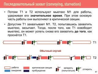 Последовательный захват (convoying, starvation)
▪ Потоки Т1 и Т2 используют мьютекс М1 для работы,
удерживая его значительное время. При этом основую
часть работы они выполняют в критической секции.
▪ Допустим Т1 захватывает М1. Т2, попытавшись захватить
мьютекс, засыпает. Тогда, после того, как Т1 освободит
мьютекс, он может успеть снова его захватить до того, как
проснётся Т1.
T1
работа
ожидание
запереть
(попытаться)
отпереть
критическая секция
пробуждение
T2
Обычный случай
87
 