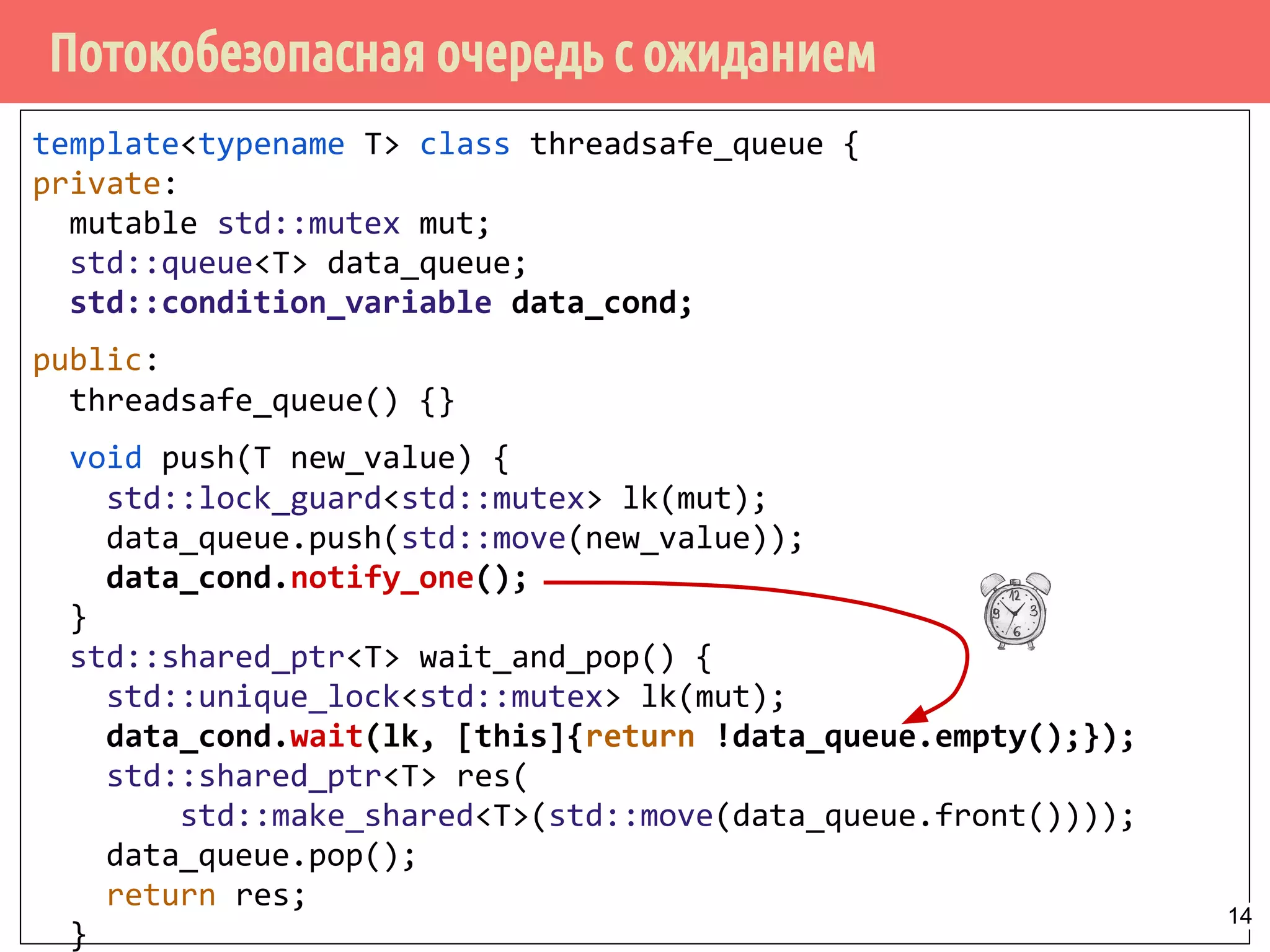 template<typename T> class threadsafe_queue {
private:
mutable std::mutex mut;
std::queue<T> data_queue;
std::condition_variable data_cond;
public:
threadsafe_queue() {}
void push(T new_value) {
std::lock_guard<std::mutex> lk(mut);
data_queue.push(std::move(new_value));
data_cond.notify_one();
}
std::shared_ptr<T> wait_and_pop() {
std::unique_lock<std::mutex> lk(mut);
data_cond.wait(lk, [this]{return !data_queue.empty();});
std::shared_ptr<T> res(
std::make_shared<T>(std::move(data_queue.front())));
data_queue.pop();
return res;
}
Потокобезопасная очередь с ожиданием
14
 