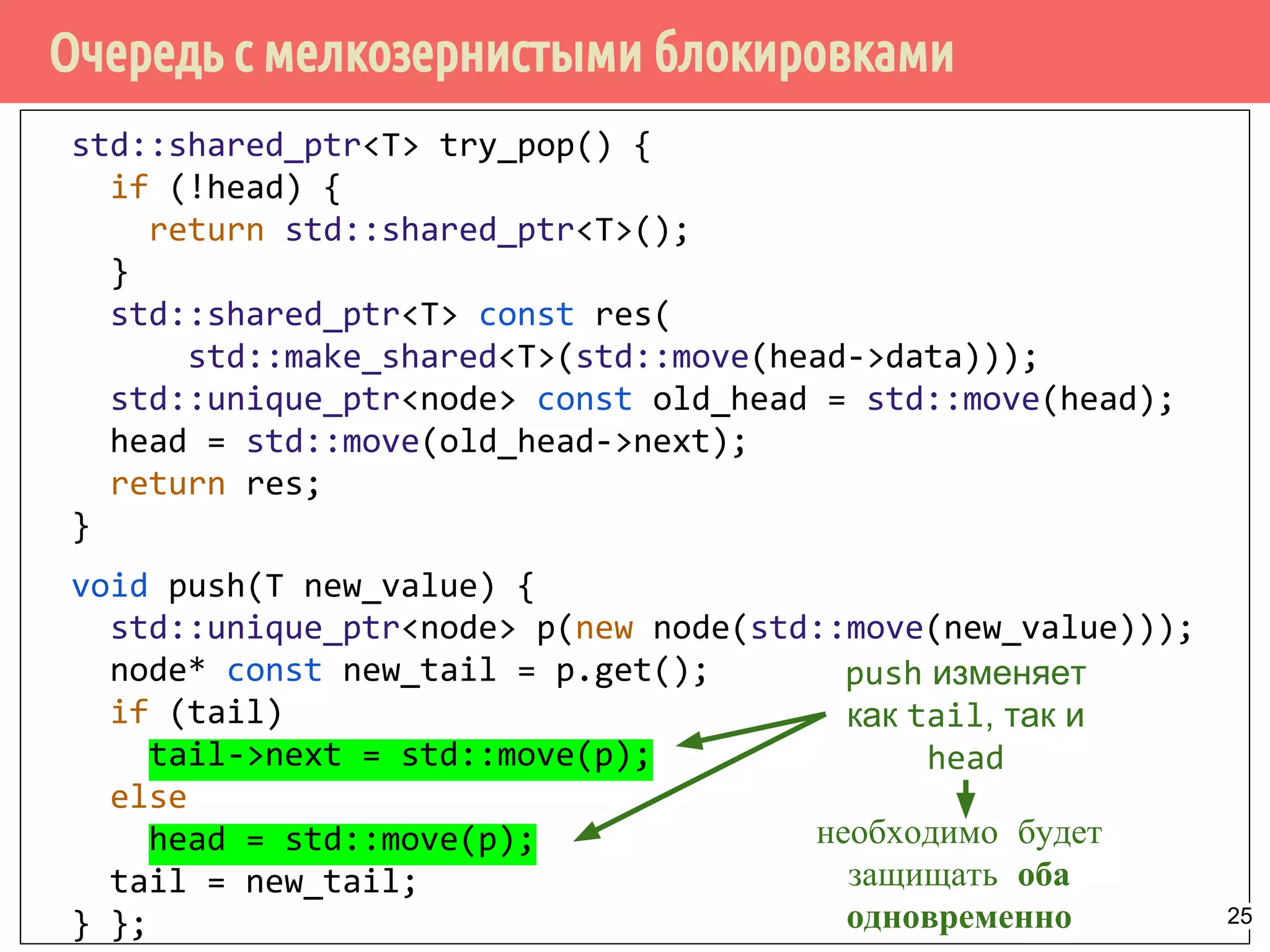 Очередь с мелкозернистыми блокировками
std::shared_ptr<T> try_pop() {
if (!head) {
return std::shared_ptr<T>();
}
std::shared_ptr<T> const res(
std::make_shared<T>(std::move(head->data)));
std::unique_ptr<node> const old_head = std::move(head);
head = std::move(old_head->next);
return res;
}
void push(T new_value) {
std::unique_ptr<node> p(new node(std::move(new_value)));
node* const new_tail = p.get();
if (tail)
tail->next = std::move(p);
else
head = std::move(p);
tail = new_tail;
} };
push изменяет
как tail, так и
head
необходимо будет
защищать оба
одновременно 25
 
