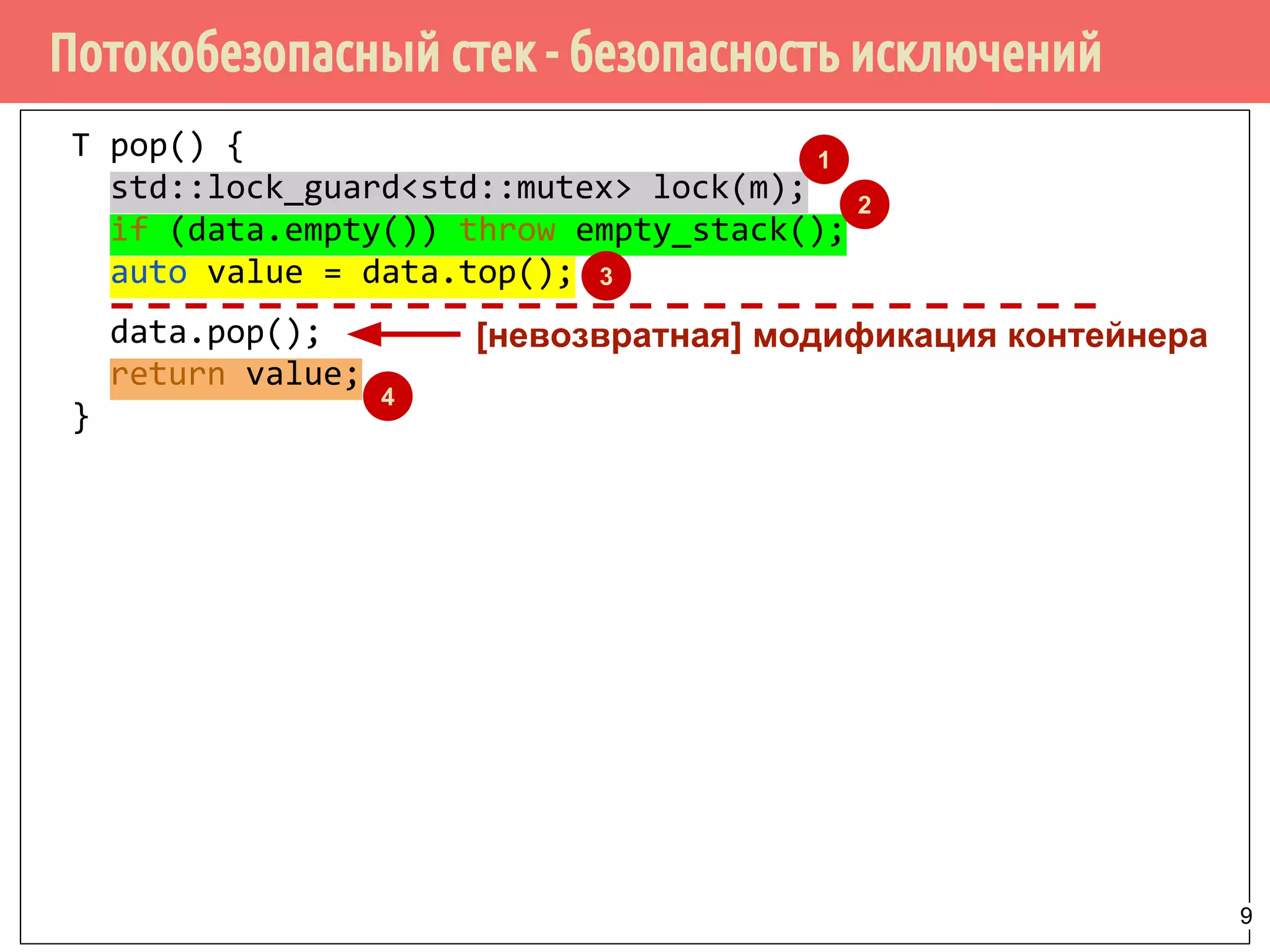Потокобезопасный стек - безопасность исключений
T pop() {
std::lock_guard<std::mutex> lock(m);
if (data.empty()) throw empty_stack();
auto value = data.top();
data.pop();
return value;
}
[невозвратная] модификация контейнера
2
1
3
4
9
 