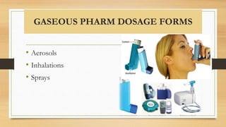 GASEOUS PHARM DOSAGE FORMS
• Aerosols
• Inhalations
• Sprays
 