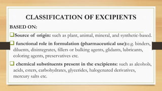 CLASSIFICATION OF EXCIPIENTS
BASED ON:
Source of origin: such as plant, animal, mineral, and synthetic-based.
 functional role in formulation (pharmaceutical use):e.g. binders,
diluents, disintegrates, ﬁllers or bulking agents, glidants, lubricants,
coloring agents, preservatives etc.
 chemical substituents present in the excipients: such as alcohols,
acids, esters, carbohydrates, glycerides, halogenated derivatives,
mercury salts etc.
 