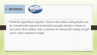  BINDERS:
• Hold the ingredients together .Ensure that tablets and granules can
be formed with required mechanical strength and give volume to
low active dose tablets. helps to maintain the inter-particle bonding strength
and to achieve mechanical strength.
39
 