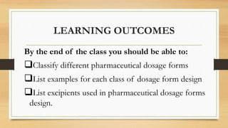LEARNING OUTCOMES
By the end of the class you should be able to:
Classify different pharmaceutical dosage forms
List examples for each class of dosage form design
List excipients used in pharmaceutical dosage forms
design.
 
