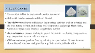  LUBRICANTS
• Ensure that tablet formation and ejection can occur
with low friction between the solid and die wall.
• True lubricant: decrease friction at the interface between a tablet interface and
die wall during ejection and reduce wear on punches &dies.e.g. Stearic acid,
Calcium or magnesium stearate, Polyethylene Glycol.
• Anti-adherents: prevent sticking to punch faces or in the during encapsulation.
e.g. magnesium stearate ,talc and starch.
• Glidants:enhance product flow by reducing interparticulate friction. increase
flowability of powders and granules e.g. Talc, starch ,colloidal silica.
45
 