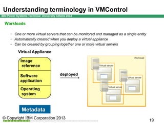 Understanding terminology in VMControl
Workloads
–
–
–

One or more virtual servers that can be monitored and managed as a single entity
Automatically created when you deploy a virtual appliance
Can be created by grouping together one or more virtual servers

Virtual Appliance
Image
reference
Software
application
Operating
system

Metadata

deployed

 