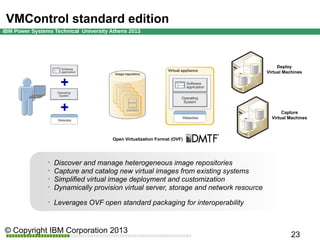 VMControl standard edition

Deploy
Virtual Machines

Capture
Virtual Machines

Open Virtualization Format (OVF)








Discover and manage heterogeneous image repositories
Capture and catalog new virtual images from existing systems
Simplified virtual image deployment and customization
Dynamically provision virtual server, storage and network resource
Leverages OVF open standard packaging for interoperability

 