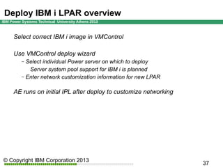 Deploy IBM i LPAR overview
Select correct IBM i image in VMControl
Use VMControl deploy wizard
Select individual Power server on which to deploy
Server system pool support for IBM i is planned
– Enter network customization information for new LPAR
–

AE runs on initial IPL after deploy to customize networking

 