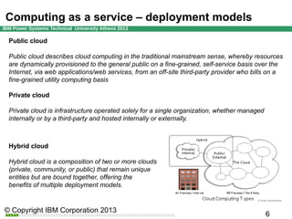 Computing as a service – deployment models
Public cloud
Public cloud describes cloud computing in the traditional mainstream sense, whereby resources
are dynamically provisioned to the general public on a fine-grained, self-service basis over the
Internet, via web applications/web services, from an off-site third-party provider who bills on a
fine-grained utility computing basis
Private cloud
Private cloud is infrastructure operated solely for a single organization, whether managed
internally or by a third-party and hosted internally or externally.

Hybrid cloud
Hybrid cloud is a composition of two or more clouds
(private, community, or public) that remain unique
entities but are bound together, offering the
benefits of multiple deployment models.

 