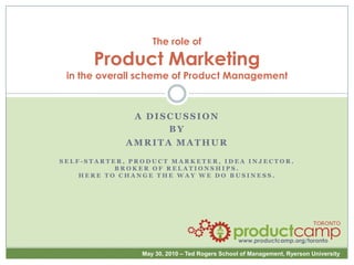 The role ofProduct Marketingin the overall scheme of Product Management A discussion By Amrita mathur self-starter, Product marketer, idea injector.  broker of relationships. Here to change the way we do business. 