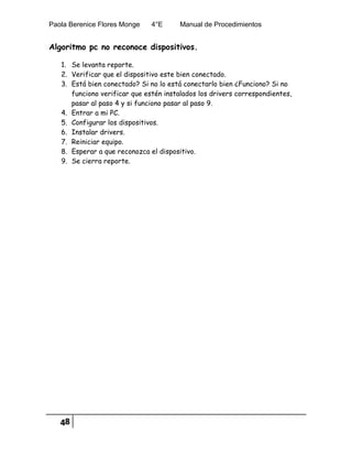 Paola Berenice Flores Monge 4°E Manual de Procedimientos
48
Algoritmo pc no reconoce dispositivos.
1. Se levanta reporte.
2. Verificar que el dispositivo este bien conectado.
3. Está bien conectado? Si no lo está conectarlo bien ¿Funciono? Si no
funciono verificar que estén instalados los drivers correspondientes,
pasar al paso 4 y si funciono pasar al paso 9.
4. Entrar a mi PC.
5. Configurar los dispositivos.
6. Instalar drivers.
7. Reiniciar equipo.
8. Esperar a que reconozca el dispositivo.
9. Se cierra reporte.
 
