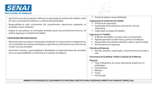 - Agir de forma proativa propondo melhorias na organização do ambiente de trabalho, tendo
em vista a prevenção de acidentes e a melhoria da produtividade.
- Responsabilizar-se pelo cumprimento dos procedimentos operacionais adequados às
atividades a serem realizadas.
- Integrar às suas práticas, as orientações recebidas quanto aos procedimentos técnicos, de
saúde e segurança no ambiente de trabalho.
CAPACIDADES METODOLÓGICAS:
- Apresentar postura proativa e responsável, atualizando-se continuamente e adaptando-se,
com criatividade, às mudanças tecnológicas, organizativas, profissionais e socioculturais que
incidem nas suas atividades.
- Demonstrar iniciativa, responsabilidade e flexibilidade no desenvolvimento das atividades
sob a sua responsabilidade, considerando as mudanças tecnológicas.
 Divisão de papéis e responsabilidades.
- Organização de ambientes de trabalho
 Princípios de organização
 Organização de ferramentas e instrumentos: formas,
importância;
 Organização do espaço de trabalho.
- Segurança no Trabalho:
 Acidentes de trabalho: conceitos, tipos e características.
 Agentes agressores à saúde: físicos, químicos e biológicos.
 Equipamentos de proteção individual e coletiva: tipos e funções
 Normas básicas de segurança.
- Virtudes profissionais:
 Atenção, disciplina, organização, comprometimento, precisão e
zelo.
- Ferramenta da Qualidade: Análise e Solução de Problemas
- Pesquisa
 Tipos: bibliográfica, de campo, laboratorial, acadêmica; em
publicações;
 Características
 Métodos
 Fontes
 Estruturação
AMBIENTES PEDAGÓGICOS, EQUIPAMENTOS EMATERIAL DIDÁTICO PARAODESENVOLVIMENTO DAUNIDADECURRICULAR.
 