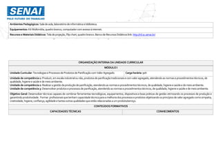 Ambientes Pedagógicos: Saladeaula,laboratóriode informáticaebiblioteca.
Equipamentos: KitMultimídia,quadro branco,computador comacessoà internet.
Recursos eMateriais Didáticos: Teladeprojeção,Flip chart,quadro branco.Banco de RecursosDidáticos link:http://rd.sc.senai.br/
ORGANIZAÇÃO INTERNA DAUNIDADE CURRICULAR
MÓDULO I
UnidadeCurricular:TecnologiaseProcessosdeProdutosdePanificação comValor Agregado Cargahorária: 90h
Unidadedecompetência1: Produzir,emescala industrialounão,produtosdepanificaçãotradicionaise comvaloragregado,atendendoasnormaseprocedimentostécnicos,de
qualidade,higieneesaúdee demeio ambiente.
Unidadedecompetência2: Realizaragestãodaproduçãodepanificação,atendendoasnormaseprocedimentostécnicos,dequalidade,higieneesaúdee demeioambiente.
Unidadedecompetência3: Desenvolverprodutoseprocessosdepanificação,atendendoasnormaseprocedimentostécnicos,dequalidade,higieneesaúdee demeioambiente.
Objetivo Geral: Desenvolver técnicas capazes de combinar ferramentas tecnológicas, equipamentos, dispositivoseboas práticas de gestão otimizando os processos de produção e
garantindoprodutividade. Formar profissionaisquetenhamcapacidadetécnicaparaamelhoriadosprocessoseprodutos objetivandoosprincípiosdevaloragregadocomosimpatia,
criatividade,higiene,confiança,agilidadeetantasoutrasqualidadesqueestãorelacionadasaumproduto/serviço.
CONTEÚDOS FORMATIVOS
CAPACIDADES TÉCNICAS CONHECIMENTOS
 