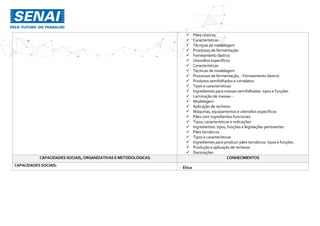  Pães rústicos
 Características -
 Técnicas de modelagem
 Processos de fermentação
 Forneamento (lastro)
 Utensílios específicos
 Características
 Técnicas de modelagem
 Processos de fermentação; - Forneamento (lastro)
 Produtos semifolhados e correlatos
 Tipos e características
 Ingredientes para massas semifolhadas: tipos e funções
 Laminação de massas -
 Modelagem
 Aplicação de recheios
 Máquinas, equipamentos e utensílios específicos
 Pães com ingredientes funcionais
 Tipos, características e indicações
 Ingredientes: tipos, funções e legislações pertinentes
 Pães temáticos
 Tipos e características
 Ingredientes para produzir pães temáticos: tipos e funções
 Produção e aplicação de recheios
 Decorações
CAPACIDADES SOCIAIS,ORGANIZATIVAS E METODOLÓGICAS CONHECIMENTOS
CAPACIDADES SOCIAIS:
- Ética
 