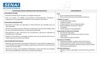 CAPACIDADES SOCIAIS,ORGANIZATIVAS E METODOLÓGICAS CONHECIMENTOS
CAPACIDADES SOCIAIS:
- Demonstrar atitudes éticas nas ações e nas relações profissionais.
- Atuar em equipes de trabalho, comunicando-se profissionalmente, interagindo e
cooperando com os integrantes dos diferentes níveis hierárquicos da empresa.
CAPACIDADESORGANIZATIVAS:
- Reconhecer os princípios da organização no desenvolvimento das atividades sob a sua
responsabilidade.
- Agir de forma proativa propondo melhorias na organização do ambiente de trabalho, tendo
em vista a prevenção de acidentes e a melhoria da produtividade.
- Responsabilizar-se pelo cumprimento dos procedimentos operacionais adequados às
atividades a serem realizadas.
- Integrar às suas práticas, as orientações recebidas quanto aos procedimentos técnicos, de
saúde e segurança no ambiente de trabalho.
CAPACIDADES METODOLÓGICAS:
- Apresentar postura proativa e responsável, atualizando-se continuamente e adaptando-se,
com criatividade, às mudanças tecnológicas, organizativas, profissionais e socioculturais que
incidem nas suas atividades.
- Demonstrar iniciativa, responsabilidade e flexibilidade no desenvolvimento das atividades
sob a sua responsabilidade, considerando as mudanças tecnológicas.
- Ética
 Ética nos relacionamentos profissionais
 Ética no desenvolvimento das atividades profissionais.
- Trabalho em equipe
 Conceitos de grupo e equipe;
 Trabalho em grupo;
 O relacionamento com os colegas de equipe;
 Responsabilidades individuais e coletivas;
 Cooperação.
 Divisão de papéis e responsabilidades.
- Organização de ambientes de trabalho
 Princípios de organização
 Organização de ferramentas e instrumentos: formas,
importância;
 Organização do espaço de trabalho.
- Segurança no Trabalho:
 Acidentes de trabalho: conceitos, tipos e características.
 Agentes agressores à saúde: físicos, químicos e biológicos.
 Equipamentos de proteção individual e coletiva: tipos e funções
 Normas básicas de segurança.
- Virtudes profissionais:
 Atenção, disciplina, organização, comprometimento, precisão e
zelo.
 