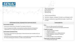 Matriz de alinhamento
Como poderíamos?
Benchmarking
Brainstorming
 Cases de empreendedores
 Hackathon: Ideação, modelagem de negócios, prototipação e pitch.
 Fomentar a realização da Saga SENAI de Inovação - Grand Prix de
Inovação
CAPACIDADES SOCIAIS,ORGANIZATIVAS E METODOLÓGICAS CONHECIMENTOS
CAPACIDADES SOCIAIS:
- Demonstrar atitudes éticas nas ações e nas relações profissionais.
- Atuar em equipes de trabalho, comunicando-se profissionalmente, interagindo e
cooperando com os integrantes dos diferentes níveis hierárquicos da empresa.
CAPACIDADESORGANIZATIVAS:
- Reconhecer os princípios da organização no desenvolvimento das atividades sob a sua
responsabilidade.
- Agir de forma proativa propondo melhorias na organização do ambiente de trabalho, tendo
em vista a prevenção de acidentes e a melhoria da produtividade.
- Ética
 Ética nos relacionamentos profissionais
 Ética no desenvolvimento das atividades profissionais.
- Trabalho em equipe
 Conceitos de grupo e equipe;
 Trabalho em grupo;
 O relacionamento com os colegas de equipe;
 Responsabilidades individuais e coletivas;
 Cooperação.
 Divisão de papéis e responsabilidades.
- Organização de ambientes de trabalho
 Princípios de organização
 
