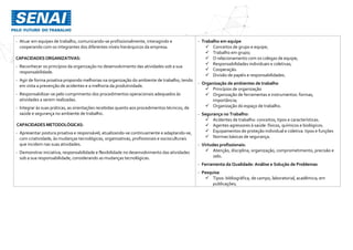 - Atuar em equipes de trabalho, comunicando-se profissionalmente, interagindo e
cooperando com os integrantes dos diferentes níveis hierárquicos da empresa.
CAPACIDADESORGANIZATIVAS:
- Reconhecer os princípios da organização no desenvolvimento das atividades sob a sua
responsabilidade.
- Agir de forma proativa propondo melhorias na organização do ambiente de trabalho, tendo
em vista a prevenção de acidentes e a melhoria da produtividade.
- Responsabilizar-se pelo cumprimento dos procedimentos operacionais adequados às
atividades a serem realizadas.
- Integrar às suas práticas, as orientações recebidas quanto aos procedimentos técnicos, de
saúde e segurança no ambiente de trabalho.
CAPACIDADES METODOLÓGICAS:
- Apresentar postura proativa e responsável, atualizando-se continuamente e adaptando-se,
com criatividade, às mudanças tecnológicas, organizativas, profissionais e socioculturais
que incidem nas suas atividades.
- Demonstrar iniciativa, responsabilidade e flexibilidade no desenvolvimento das atividades
sob a sua responsabilidade, considerando as mudanças tecnológicas.
- Trabalho em equipe
 Conceitos de grupo e equipe;
 Trabalho em grupo;
 O relacionamento com os colegas de equipe;
 Responsabilidades individuais e coletivas;
 Cooperação.
 Divisão de papéis e responsabilidades.
- Organização de ambientes de trabalho
 Princípios de organização
 Organização de ferramentas e instrumentos: formas,
importância;
 Organização do espaço de trabalho.
- Segurança no Trabalho:
 Acidentes de trabalho: conceitos, tipos e características.
 Agentes agressores à saúde: físicos, químicos e biológicos.
 Equipamentos de proteção individual e coletiva: tipos e funções
 Normas básicas de segurança.
- Virtudes profissionais:
 Atenção, disciplina, organização, comprometimento, precisão e
zelo.
- Ferramenta da Qualidade: Análise e Solução de Problemas
- Pesquisa
 Tipos: bibliográfica, de campo, laboratorial, acadêmica; em
publicações;
 