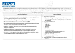 Unidadedecompetência3: Desenvolverprodutoseprocessosdepanificação,atendendoasnormaseprocedimentostécnicos,dequalidade,higieneesaúdee demeioambiente.
Objetivo Geral: Fornecerconhecimentosbásicossobreosprincipaismétodoseprocessos deconservaçãodealimentos,na cadeiaprodutiva deprodutosdepanificação.
CONTEÚDOS FORMATIVOS
CAPACIDADES TÉCNICAS CONHECIMENTOS
- Selecionar fornecedores com referência nas necessidades da empresa, capacidade do
fornecedor, qualidade e condições higiênico-sanitárias
- Avaliar a eficácia das medidas preventivas implementadas pelo Plano APPCC
- Reconhecer as medidas preventivas previstas pelo Plano APPCC
- Reconhecer os possíveis perigos físicos, químicos e biológicos presentes nos processos
produtivos, assim como os pontos críticos de controle
- Interpretar a legislação e as normas quanto aos demais aspectos que asseguram a
segurança dos alimentos
- Avaliar a compatibilidade entre os padrões e critérios técnicos de recebimento e
armazenamento utilizados pela empresa com as boas práticas de fabricação
- Definir, se for o caso, ações corretivas e preventivas de acordo com a natureza da não
conformidade identificada e os requisitos do Plano APPCC
 Microbiologia dos alimentos
 Grupos de microrganismos importantes em alimentos
 Parâmetros que influenciam a multiplicação dos microrganismos
em alimentos
 Boas Práticas de fabricação
 Requisitos
 Legislação
 Documentos
 Registro -
 Controles
 Manual -
 Instrução de trabalho
 Procedimentos operacionais padronizados (POP)
 Elaboração de documentação técnica
 Instruções de trabalho
 Procedimentos operacionais -
 Planilhas de controle
 Sistema de Perigos de Pontos críticos de controle (APPCC)
 Histórico
 