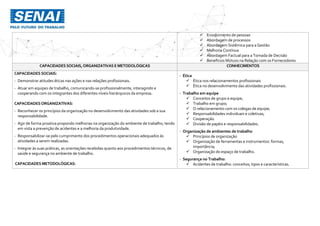  Envolvimento de pessoas
 Abordagem de processos
 Abordagem Sistêmica para a Gestão
 Melhoria Contínua
 Abordagem Factual para a Tomada de Decisão
 Benefícios Mútuos na Relação com os Fornecedores
CAPACIDADES SOCIAIS,ORGANIZATIVAS E METODOLÓGICAS CONHECIMENTOS
CAPACIDADES SOCIAIS:
- Demonstrar atitudes éticas nas ações e nas relações profissionais.
- Atuar em equipes de trabalho, comunicando-se profissionalmente, interagindo e
cooperando com os integrantes dos diferentes níveis hierárquicos da empresa.
CAPACIDADESORGANIZATIVAS:
- Reconhecer os princípios da organização no desenvolvimento das atividades sob a sua
responsabilidade.
- Agir de forma proativa propondo melhorias na organização do ambiente de trabalho, tendo
em vista a prevenção de acidentes e a melhoria da produtividade.
- Responsabilizar-se pelo cumprimento dos procedimentos operacionais adequados às
atividades a serem realizadas.
- Integrar às suas práticas, as orientações recebidas quanto aos procedimentos técnicos, de
saúde e segurança no ambiente de trabalho.
CAPACIDADES METODOLÓGICAS:
- Ética
 Ética nos relacionamentos profissionais
 Ética no desenvolvimento das atividades profissionais.
- Trabalho em equipe
 Conceitos de grupo e equipe;
 Trabalho em grupo;
 O relacionamento com os colegas de equipe;
 Responsabilidades individuais e coletivas;
 Cooperação.
 Divisão de papéis e responsabilidades.
- Organização de ambientes de trabalho
 Princípios de organização
 Organização de ferramentas e instrumentos: formas,
importância;
 Organização do espaço de trabalho.
- Segurança no Trabalho:
 Acidentes de trabalho: conceitos, tipos e características.
 