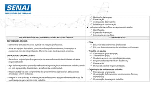  Motivação de pessoas
 Capacitação
 Avaliação de desempenho
 Processos de comunicação
 Administração de conflitos em equipes de trabalho
 Identificação
 Expressão de emoções
 Intervenção em conflitos
CAPACIDADES SOCIAIS,ORGANIZATIVAS E METODOLÓGICAS CONHECIMENTOS
CAPACIDADES SOCIAIS:
- Demonstrar atitudes éticas nas ações e nas relações profissionais.
- Atuar em equipes de trabalho, comunicando-se profissionalmente, interagindo e
cooperando com os integrantes dos diferentes níveis hierárquicos da empresa.
CAPACIDADESORGANIZATIVAS:
- Reconhecer os princípios da organização no desenvolvimento das atividades sob a sua
responsabilidade.
- Agir de forma proativa propondo melhorias na organização do ambiente de trabalho, tendo
em vista a prevenção de acidentes e a melhoria da produtividade.
- Responsabilizar-se pelo cumprimento dos procedimentos operacionais adequados às
atividades a serem realizadas.
- Integrar às suas práticas, as orientações recebidas quanto aos procedimentos técnicos, de
saúde e segurança no ambiente de trabalho.
- Ética
 Ética nos relacionamentos profissionais
 Ética no desenvolvimento das atividades profissionais.
- Trabalho em equipe
 Conceitos de grupo e equipe;
 Trabalho em grupo;
 O relacionamento com os colegas de equipe;
 Responsabilidades individuais e coletivas;
 Cooperação.
 Divisão de papéis e responsabilidades.
- Organização de ambientes de trabalho
 Princípios de organização
 Organização de ferramentas e instrumentos: formas,
importância;
 Organização do espaço de trabalho.
 