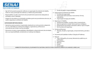 - Agir de forma proativa propondo melhorias na organização do ambiente de trabalho,
tendo em vista a prevenção de acidentes e a melhoria da produtividade.
- Responsabilizar-se pelo cumprimento dos procedimentos operacionais adequados às
atividades a serem realizadas.
- Integrar às suas práticas, as orientações recebidas quanto aos procedimentos técnicos, de
saúde e segurança no ambiente de trabalho.
CAPACIDADES METODOLÓGICAS:
- Apresentar postura proativa e responsável, atualizando-se continuamente e adaptando-
se, com criatividade, às mudanças tecnológicas, organizativas, profissionais e
socioculturais que incidem nas suas atividades.
- Demonstrar iniciativa, responsabilidade e flexibilidade no desenvolvimento das atividades
sob a sua responsabilidade, considerando as mudanças tecnológicas.
 Divisão de papéis e responsabilidades.
 Organização de ambientes de trabalho
 Princípios de organização
 Organização de ferramentas e instrumentos: formas,
importância;
 Organização do espaço de trabalho.
 Segurança no Trabalho:
 Acidentes de trabalho: conceitos, tipos e características.
 Agentes agressores à saúde: físicos, químicos e biológicos.
 Equipamentos de proteção individual e coletiva: tipos e funções
 Normas básicas de segurança.
 Virtudes profissionais:
 Atenção, disciplina, organização, comprometimento, precisão e
zelo.
 Ferramenta da Qualidade: Análise e Solução de Problemas
 Pesquisa
 Tipos: bibliográfica, de campo, laboratorial, acadêmica; em
publicações;
 Características
 Métodos
 Fontes
 Estruturação
AMBIENTES PEDAGÓGICOS,EQUIPAMENTOSEMATERIALDIDÁTICOPARAODESENVOLVIMENTODAUNIDADECURRICULAR.
 