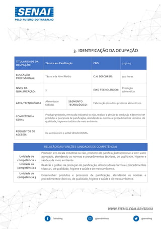 3. IDENTIFICAÇÃO DA OCUPAÇÃO
TITULARIDADE DA
OCUPAÇÃO:
Técnico em Panificação CBO: 3252-05
EDUCAÇÃO
PROFISSIONAL:
Técnica de Nível Médio C.H. DO CURSO: 900 horas
NÍVEL DA
QUALIFICAÇÃO:
3 EIXO TECNOLÓGICO:
Produção
Alimentícia
ÁREA TECNOLÓGICA
Alimentos e
bebidas
SEGMENTO
TECNOLÓGICO:
Fabricação de outros produtos alimentícios
COMPETÊNCIA
GERAL
Produzir produtos, em escala industrial ou não, realizar a gestão da produção e desenvolver
produtos e processos de panificação, atendendo as normas e procedimentos técnicos, de
qualidade, higiene e saúde e de meio ambiente.
REQUISITOS DE
ACESSO:
De acordo com o edital SENAI DR/MG.
RELAÇÃO DAS FUNÇÕES (UNIDADES DE COMPETÊNCIA)
Unidade de
competência 1
Produzir, em escala industrial ou não, produtos de panificação tradicionais e com valor
agregado, atendendo as normas e procedimentos técnicos, de qualidade, higiene e
saúde e de meio ambiente.
Unidade de
competência 2
Realizar a gestão da produção de panificação, atendendo as normas e procedimentos
técnicos, de qualidade, higiene e saúde e de meio ambiente.
Unidade de
competência 3
Desenvolver produtos e processos de panificação, atendendo as normas e
procedimentos técnicos, de qualidade, higiene e saúde e de meio ambiente.
 