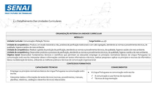 4.2 Detalhamento Das Unidades Curriculares
ORGANIZAÇÃO INTERNA DAUNIDADE CURRICULAR
MÓDULO I
UnidadeCurricular:ComunicaçãoeRedaçãoTécnica Cargahorária:41,25h
Unidadedecompetência1: Produzir,emescala industrialounão,produtosdepanificaçãotradicionaise comvaloragregado,atendendoasnormaseprocedimentostécnicos,de
qualidade,higieneesaúdee demeio ambiente.
Unidadedecompetência2: Realizaragestãodaproduçãodepanificação,atendendoasnormaseprocedimentostécnicos,dequalidade,higieneesaúdee demeioambiente.
Unidadedecompetência3: Desenvolverprodutoseprocessosdepanificação,atendendoasnormaseprocedimentostécnicos,dequalidade,higieneesaúdee demeioambiente.
Objetivo Geral: Desenvolver fundamentos técnicos e científicos que permitam ao educando empregar os princípios normativos básicos da Língua Portuguesa na
comunicação oral e escrita. Interpretar ideias e informações contidas em textos informativos e técnicos, realizar pesquisas e aplicar os princípios e recursos da informática
básica na elaboração de textos, utilizando as melhores práticas e técnicas de comunicação organizacional.
CONTEÚDOS FORMATIVOS
CAPACIDADES TÉCNICAS CONHECIMENTOS
- Empregar os princípios normativos básicos da Língua Portuguesa na comunicação oral e
escrita.
- Interpretar dados e informações de textos técnicos (normas, procedimentos, manuais,
planilhas, relatórios, catálogos e desenhos técnicos) relacionados
 A Língua Portuguesa na comunicação oral e escrita
 A comunicação e suas formas de expressão
 Técnicas de argumentação
 