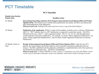 PCT Timetable
PCT Timetable
Months from Earliest
Priority Date Deadline/Action
16th
Month International Searching Authority (ISA) Prepares International Search Report (ISR) and Written
Opinion (WO)- This should occur 2 months before publication, but usually, the ISR is not mailed until
after initial publication of the application.
What you need to do- Nothing at this point until you receive a copy of the Search Report
18th
Month Publication of the Application- Within 2 weeks of this deadline, normally receive a Notice of Publication
(IB/311). “WO” indicates that it is a PCT publication, as opposed to a particular country. The WO is
followed by the year, a slash “/”, and a sequential number. The A1, A2, A3, etc. after the publication
number indicates what type of publication. For example, A1 means “Patent Application Publication”; A2
means “Patent Application Republication”; and A9 means “Patent Application Publication (Corrected
Publication).”
18th
Month- Earlier or
Later
Receipt of International Search Report (ISR) and Written Opinion (WO)- Under the new PCT
practice, the Search Report and Written Opinion will be typically issued before publication (but not
always). The ISR is published with the application publication or republished later (A2) if the search was
not finished by the publication date. The WO is not published.
What you need to do- (1) Report ISR/WO to client; (2) If U.S. counterpart case exists, file IDS for search
results; and (3) If foreign counterpart case(s) exist (unlikely), send search results to foreign associate.
 