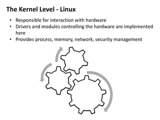 The Kernel Level - Linux
• Responsible for interaction with hardware
• Drivers and modules controlling the hardware are implemented
here
• Provides process, memory, network, security management
 