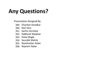 Any Questions?
Presentation Designed By:
349
350
351
352
353
354
355
356
Chandan Varadkar
Ravi Varu
Sachin Vernekar
Siddhesh Wadekar
Disha Wagle
Saurabh Wahile
Ravishankar Yadav
Rajaram Yadav
 