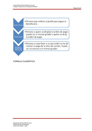 Universidad Técnica Particular de Loja
Trabajo a Distancia de Computación Básica
                                            Página 5 de 5




FORMULA CUADRATICA




Estephanie Narcisa Morcillo Vera
Administración de Empresas
Centro San Rafael - Quito
 