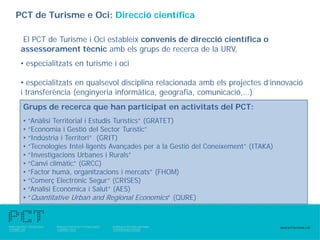 PCT de Turisme e Oci: Direcció científica

  El PCT de Turisme i Oci estableix convenis de direcció científica o
 assessorament tècnic amb els grups de recerca de la URV,
 • especialitzats en turisme i oci

 • especialitzats en qualsevol disciplina relacionada amb els projectes d’innovació
 i transferència (enginyeria informàtica, geografia, comunicació,…)
 Grups de recerca que han participat en activitats del PCT:
 •   “Anàlisi Territorial i Estudis Turístics” (GRATET)
 •   “Economia i Gestió del Sector Turístic”
 •   “Indústria i Territori” (GRIT)
 •   “Tecnologies Intel·ligents Avançades per a la Gestió del Coneixement” (ITAKA)
 •   “Investigacions Urbanes i Rurals”
 •   “Canvi climàtic” (GRCC)
 •   “Factor humà, organitzacions i mercats” (FHOM)
 •   “Comerç Electrònic Segur” (CRISES)
 •   “Anàlisi Econòmica i Salut” (AES)
 •   “Quantitative Urban and Regional Economics” (QURE)
 