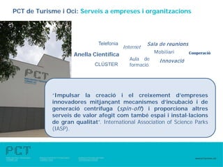PCT de Turisme i Oci: Serveis a empreses i organitzacions




                              Telefonia              Sala de reunions
                                          Internet
                                                        Mobiliari
                    Anella Científica                                   Cooperació
                                             Aula de      I nnovació
                            CLÚSTER          formació




            “Impulsar la creació i el creixement d’empreses
            innovadores mitjançant mecanismes d’incubació i de
            generació centrífuga (spin-off ) i proporciona altres
            serveis de valor afegit com també espai i instal·lacions
            de gran qualitat”. International Association of Science Parks
            (IASP).
 