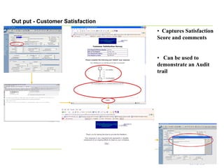 Out put - Customer Satisfaction
                                  • Captures Satisfaction
                                  Score and comments


                                  • Can be used to
                                  demonstrate an Audit
                                  trail
 