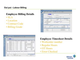 Out put - Labour Billing


  Employee Billing Details
  • SLA
  • Location
  • Contract Code
  • Billing Grade



                             Employee Timesheet Details
                             • Workorder number
                             • Regular Hours
                             • OT Hours
                             • Error Checked
 