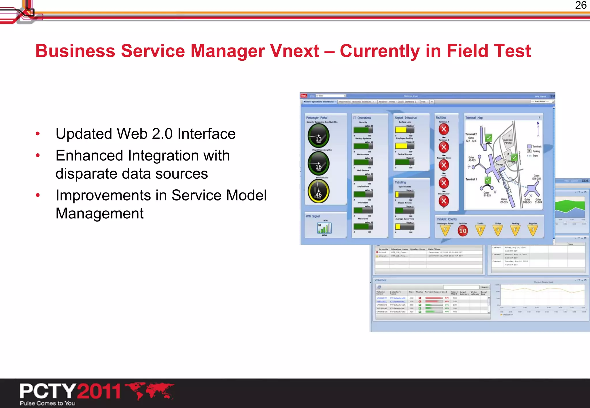 26



Business Service Manager Vnext – Currently in Field Test



• Updated Web 2.0 Interface
• Enhanced Integration with
  disparate data sources
• Improvements in Service Model
  Management
 