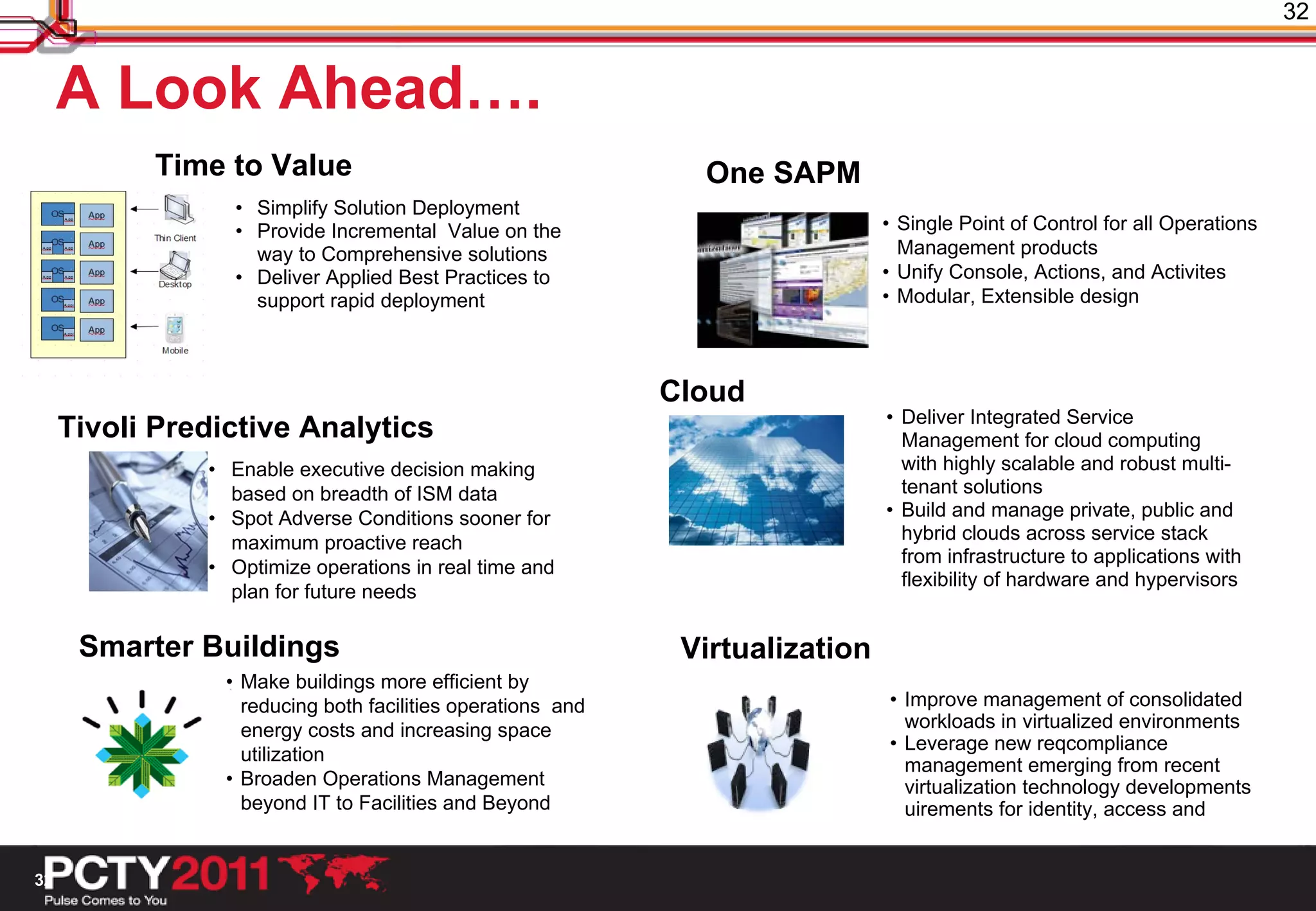 32


     A Look Ahead….
           Time to Value                                       One SAPM
                  • Simplify Solution Deployment
                  • Provide Incremental Value on the                           • Single Point of Control for all Operations
                    way to Comprehensive solutions                               Management products
                  • Deliver Applied Best Practices to                          • Unify Console, Actions, and Activites
                    support rapid deployment                                   • Modular, Extensible design



                                                             Cloud
                                                                               • Deliver Integrated Service
     Tivoli Predictive Analytics                                                 Management for cloud computing
               • Enable executive decision making                                with highly scalable and robust multi-
                 based on breadth of ISM data                                    tenant solutions
               • Spot Adverse Conditions sooner for                            • Build and manage private, public and
                 maximum proactive reach                                         hybrid clouds across service stack
                                                                                 from infrastructure to applications with
               • Optimize operations in real time and
                                                                                 flexibility of hardware and hypervisors
                 plan for future needs

      Smarter Buildings                                       Virtualization
                 • Make buildings more efficient by
                   reducing both facilities operations and                     • Improve management of consolidated
                   energy costs and increasing space                             workloads in virtualized environments
                                                                               • Leverage new reqcompliance
                   utilization
                                                                                 management emerging from recent
                 • Broaden Operations Management                                 virtualization technology developments
                   beyond IT to Facilities and Beyond                            uirements for identity, access and


32
 