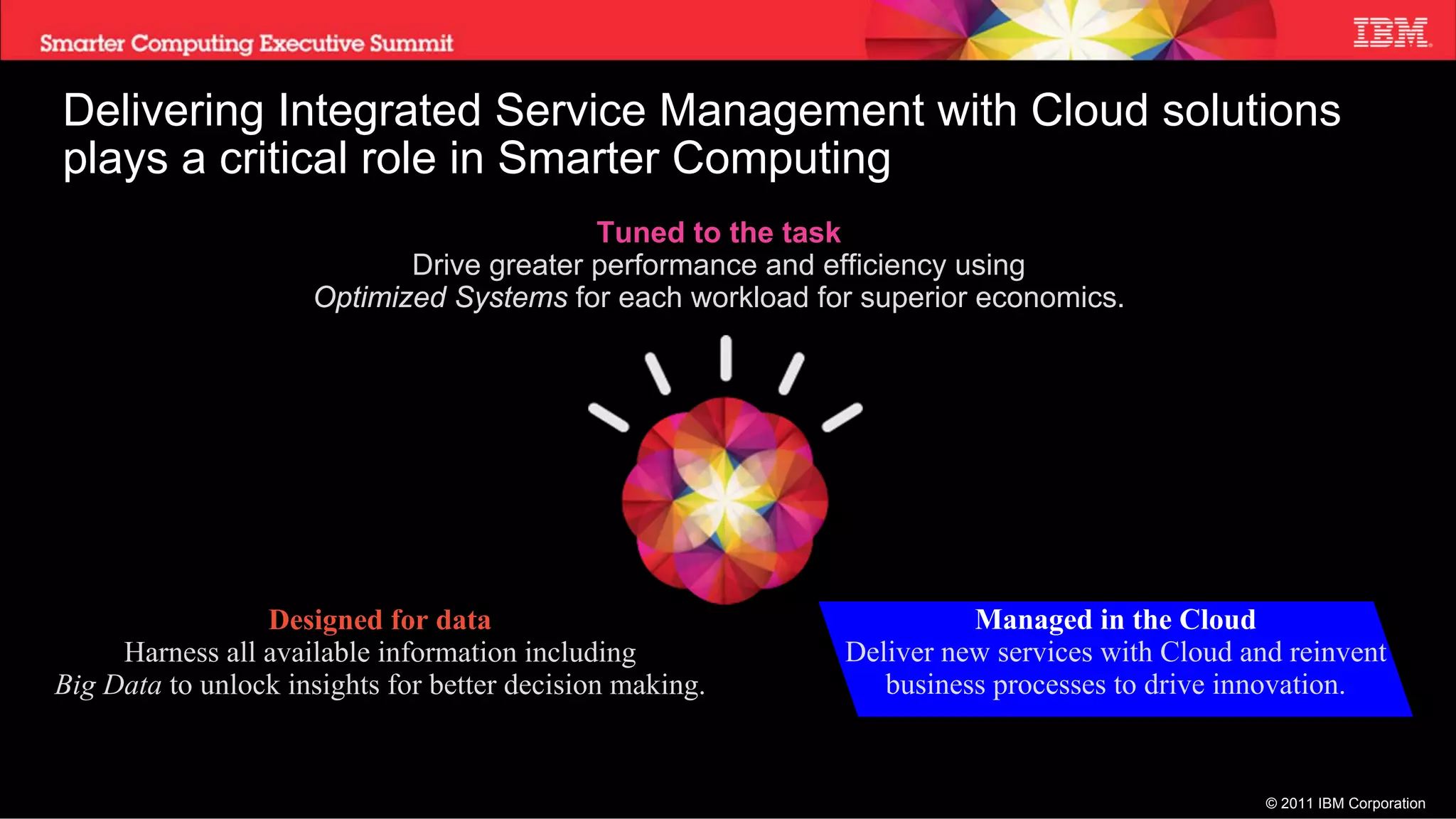 Delivering Integrated Service Management with Cloud solutions
plays a critical role in Smarter Computing
                                          Tuned to the task
                            Drive greater performance and efficiency using
                     Optimized Systems for each workload for superior economics.




                 Designed for data                                   Managed in the Cloud
     Harness all available information including           Deliver new services with Cloud and reinvent
Big Data to unlock insights for better decision making.       business processes to drive innovation.


                                                                                             © 2011 IBM Corporation
 