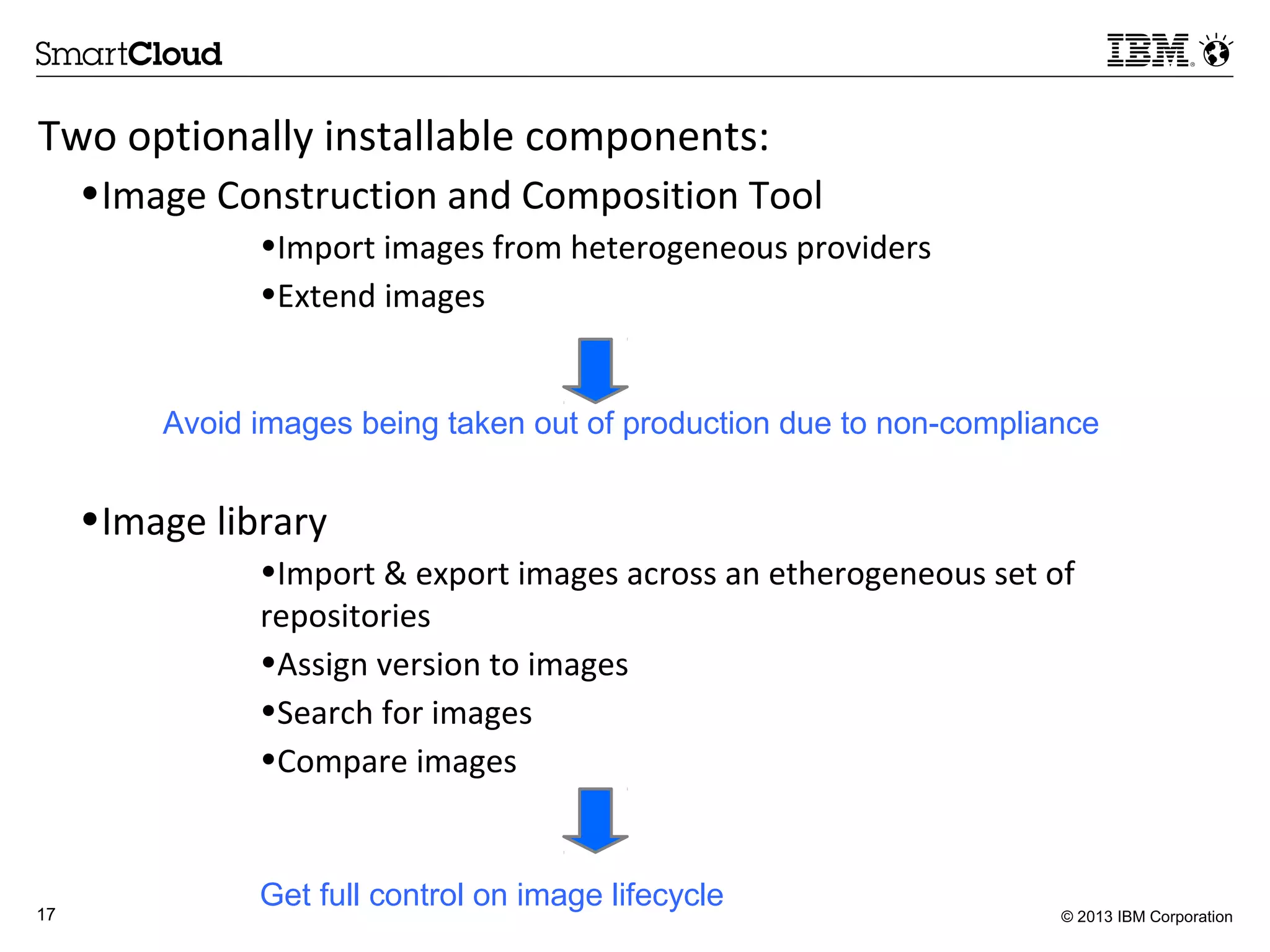 © 2013 IBM Corporation17
Two optionally installable components:
•Image Construction and Composition Tool
•Import images from heterogeneous providers
•Extend images
Avoid images being taken out of production due to non-compliance
•Image library
•Import & export images across an etherogeneous set of
repositories
•Assign version to images
•Search for images
•Compare images
Get full control on image lifecycle
 