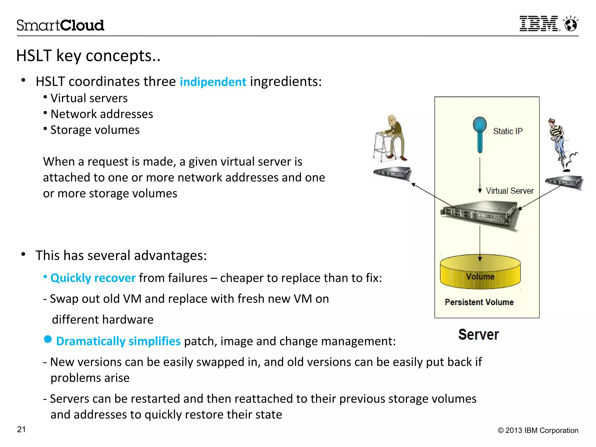 © 2013 IBM Corporation21
• HSLT coordinates three indipendent ingredients:
• Virtual servers
• Network addresses
• Storage volumes
When a request is made, a given virtual server is
attached to one or more network addresses and one
or more storage volumes
• This has several advantages:
• Quickly recover from failures – cheaper to replace than to fix:
- Swap out old VM and replace with fresh new VM on
different hardware
Dramatically simplifies patch, image and change management:
- New versions can be easily swapped in, and old versions can be easily put back if
problems arise
- Servers can be restarted and then reattached to their previous storage volumes
and addresses to quickly restore their state
HSLT key concepts..
 